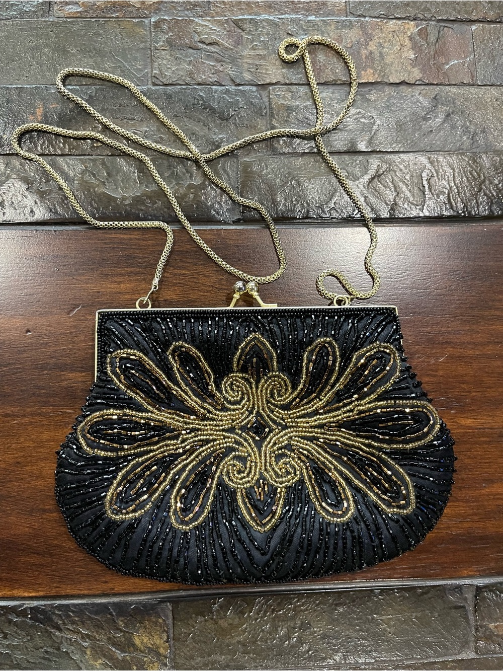 La Regale Vintage Beaded Black and Gold Evening Clutch